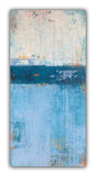 Abstract textured acrylic painting in shades of blue, teal, and soft white, evoking a coastal horizon with layered brushstrokes and subtle drips