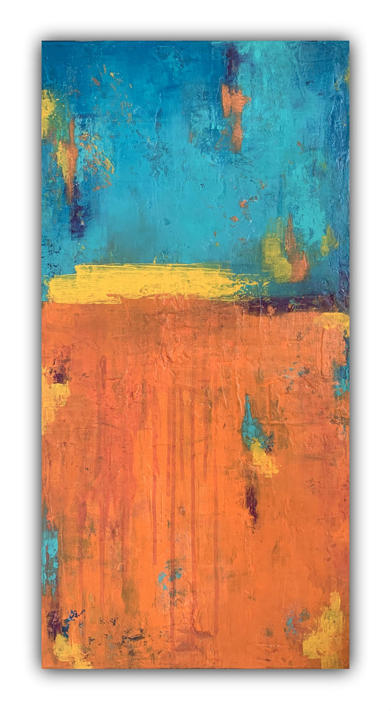 Abstract painting with bold orange and turquoise color blocks, divided by a textured yellow horizon line, featuring layered brushstrokes and subtle drips