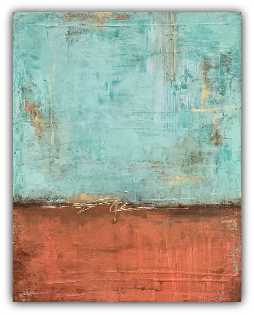 Burnt orange and mint green abstract painting