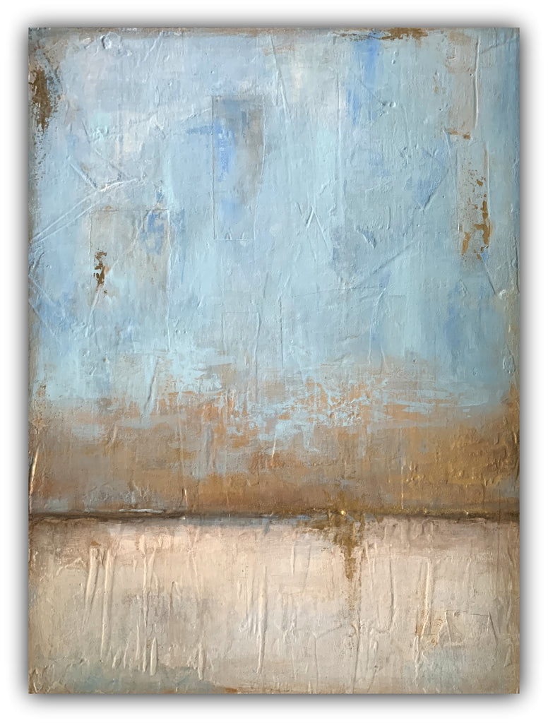Soft abstract painting with pale blue, beige, and earthy tones; textured surface suggesting a calm horizon line and atmospheric landscape.