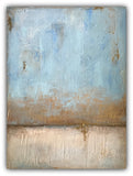 Soft abstract painting with pale blue, beige, and earthy tones; textured surface suggesting a calm horizon line and atmospheric landscape.