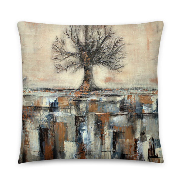 Tree in Brown and Gold Landscape - Natural Throw Pillow