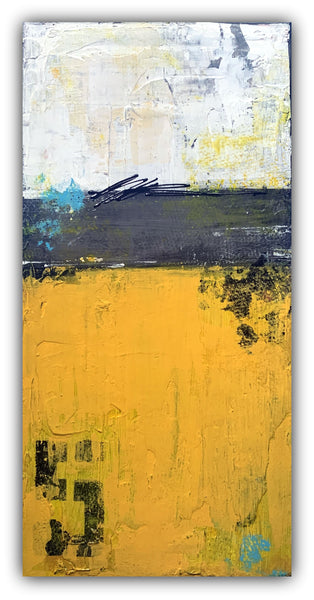 Abstract painting with textured layers of ochre yellow, white, and charcoal gray, featuring bold black marks and subtle blue accents in a vertical composition