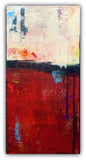 Abstract painting with a bold red lower half and a pale, textured upper section. Accents of blue, purple, yellow, and black create contrast and depth