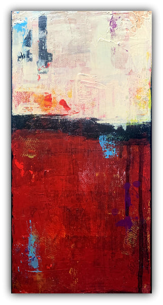 Abstract painting with a bold red lower half and a pale, textured upper section. Accents of blue, purple, yellow, and black create contrast and depth