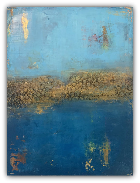 Abstract painting featuring layers of deep blue and aqua tones with textured golden accents and a band of circular patterns, evoking a tranquil ocean-inspired landscape.