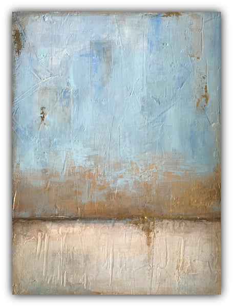 Soft abstract painting with pale blue, beige, and earthy tones; textured surface suggesting a calm horizon line and atmospheric landscape.